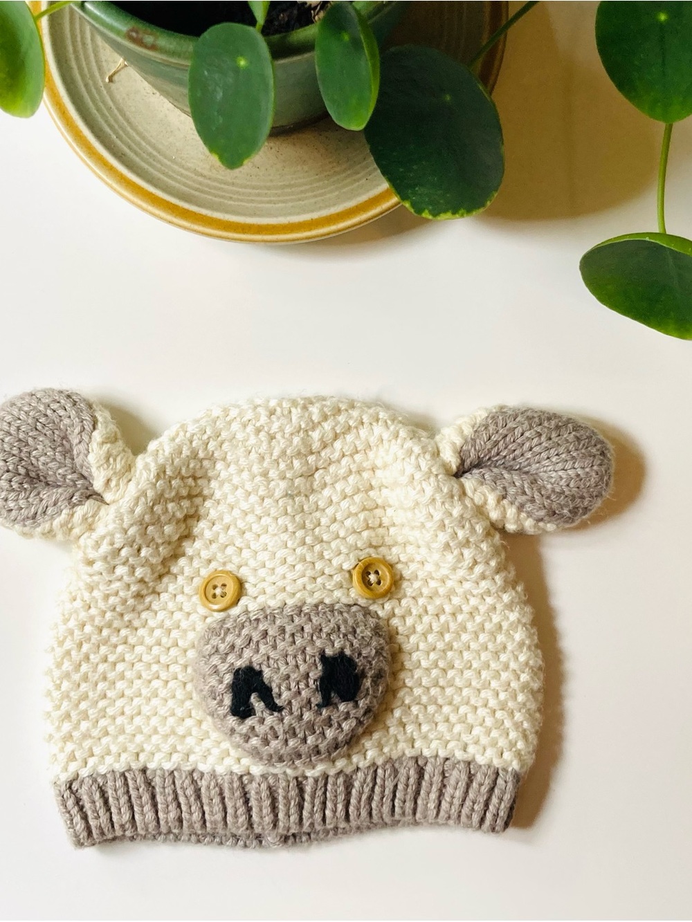 Vintage Baby GAP Knit Sheep Toque with Button Eyes Crochet Beanie